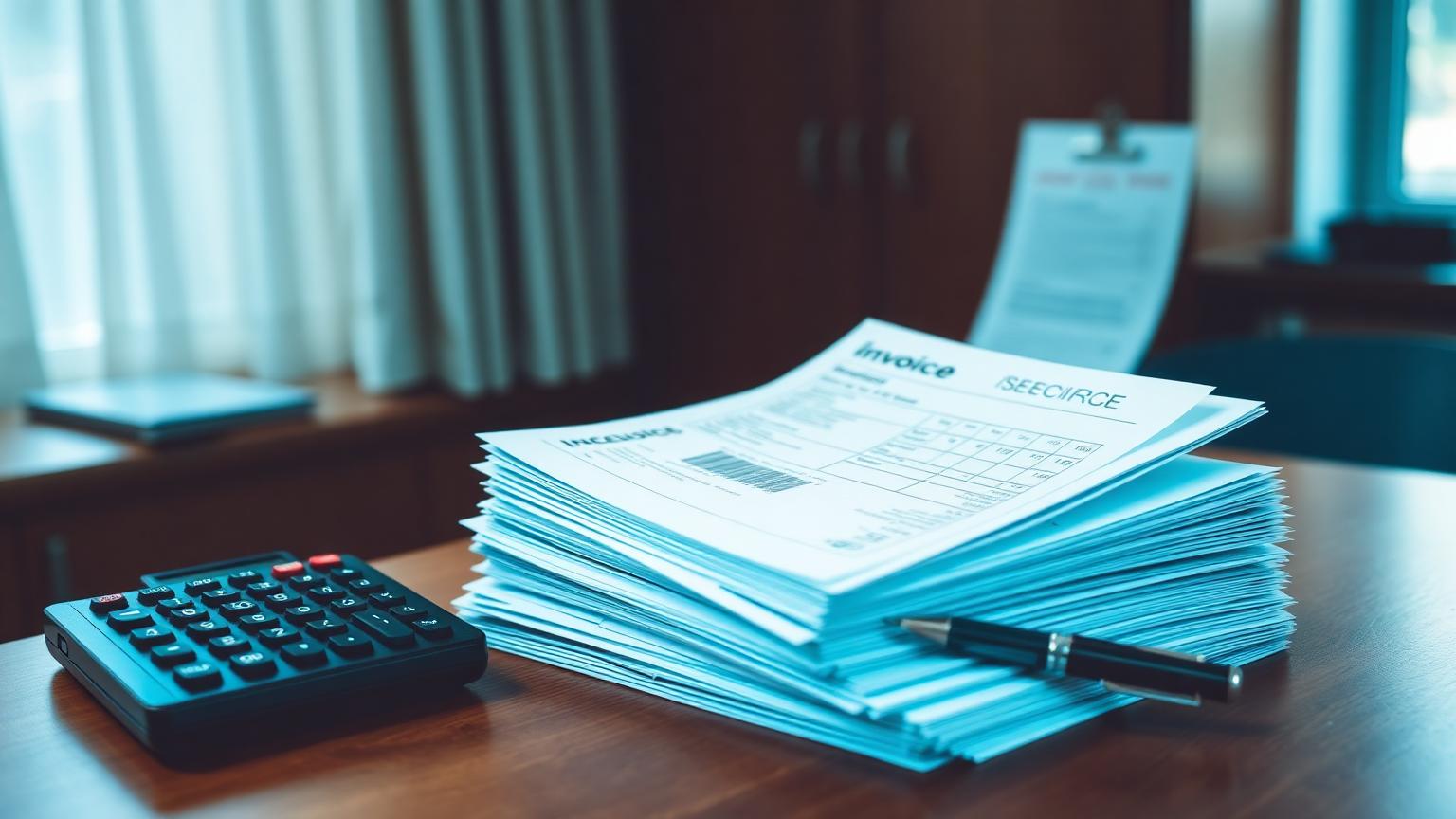 Stack of invoices on an executive desk representing accounts receivable