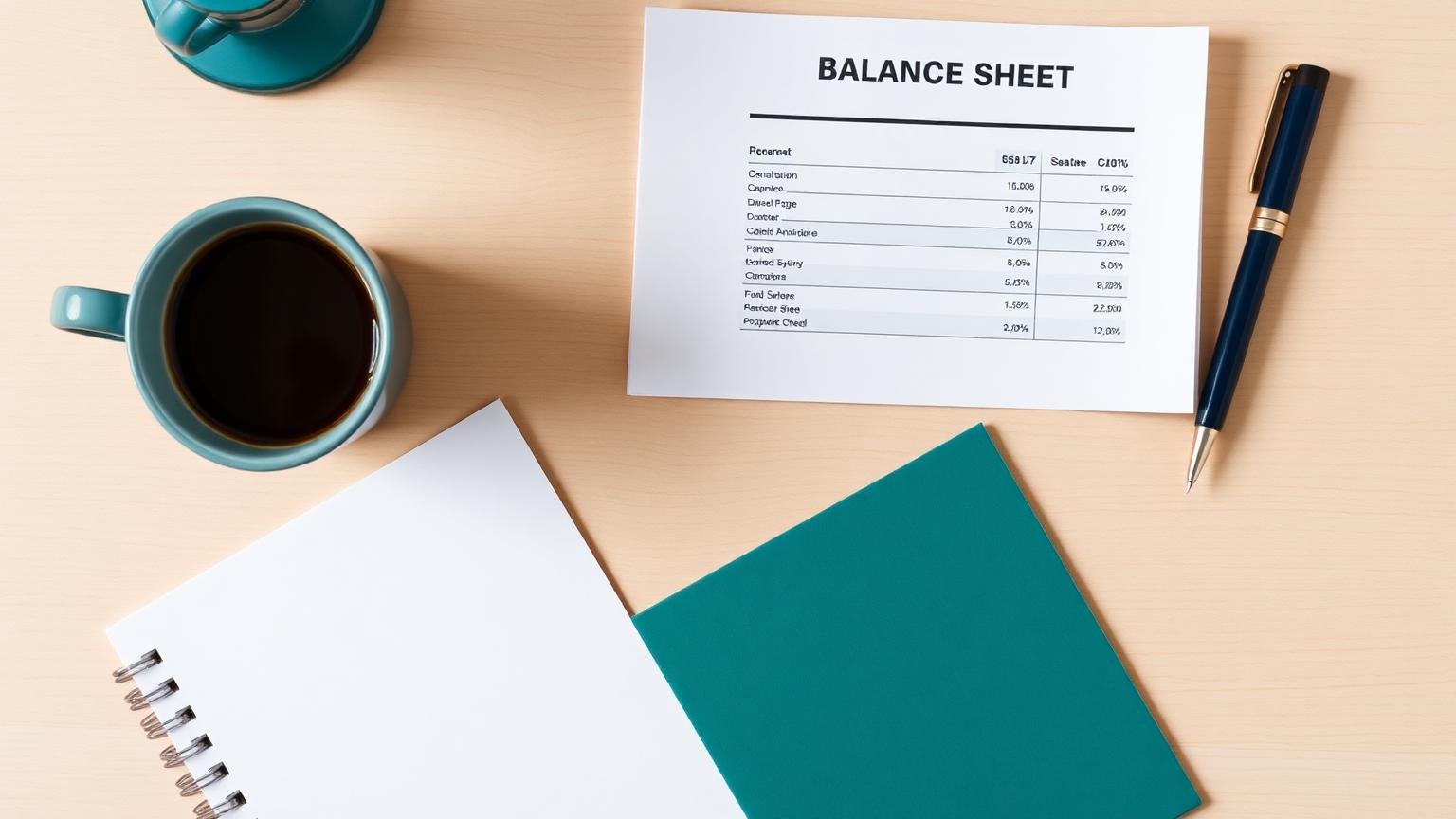 Balance sheet document on a desk with coffee and pen