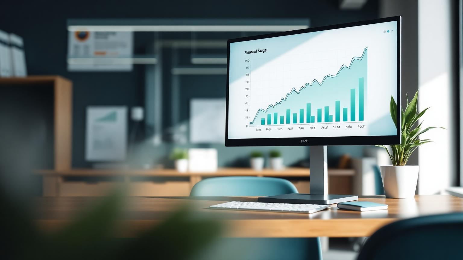 Modern office workspace with financial charts on a monitor