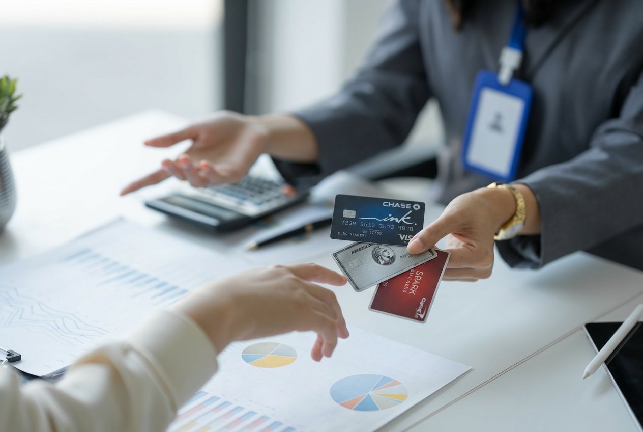 Business professional holding multiple business credit cards