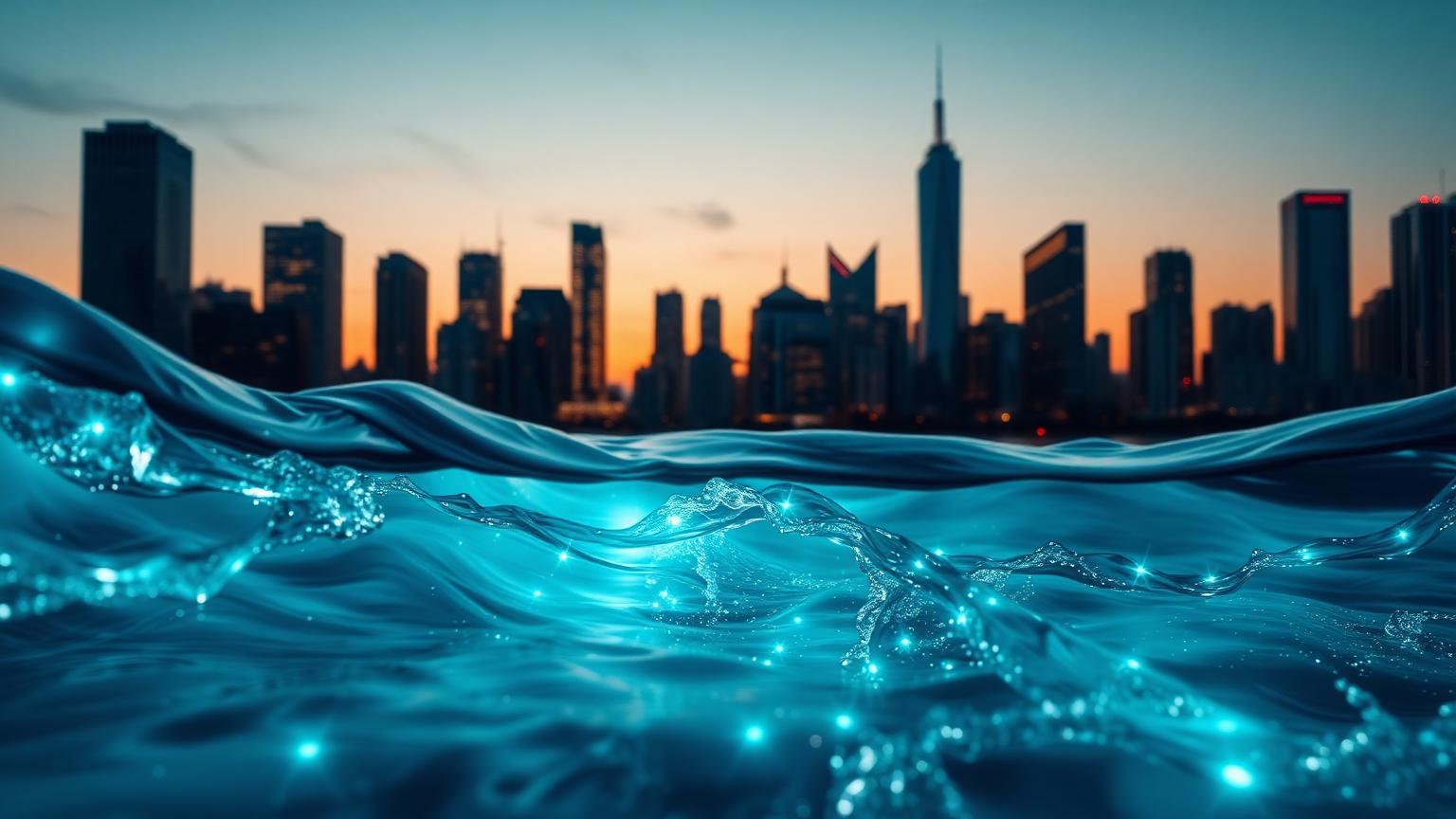 Cash flow currents over a city skyline at dusk