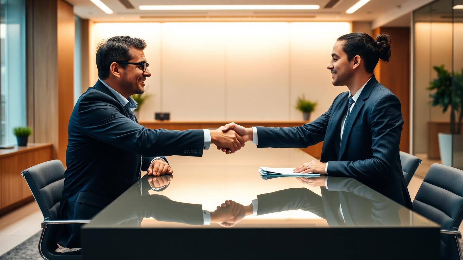 Business owner shaking hands with a banker across a desk