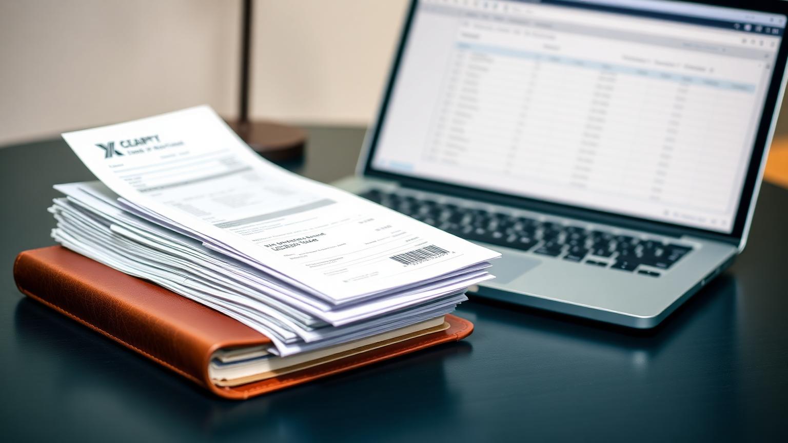 Organized business receipts beside a leather ledger and laptop