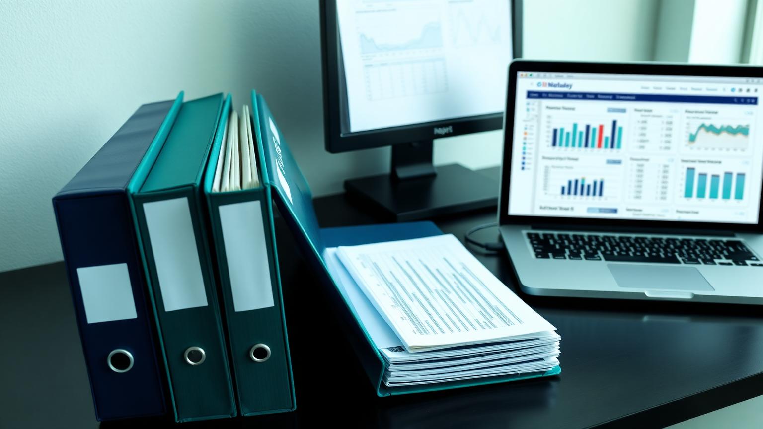 Organized tax binders and laptop showing financial reports
